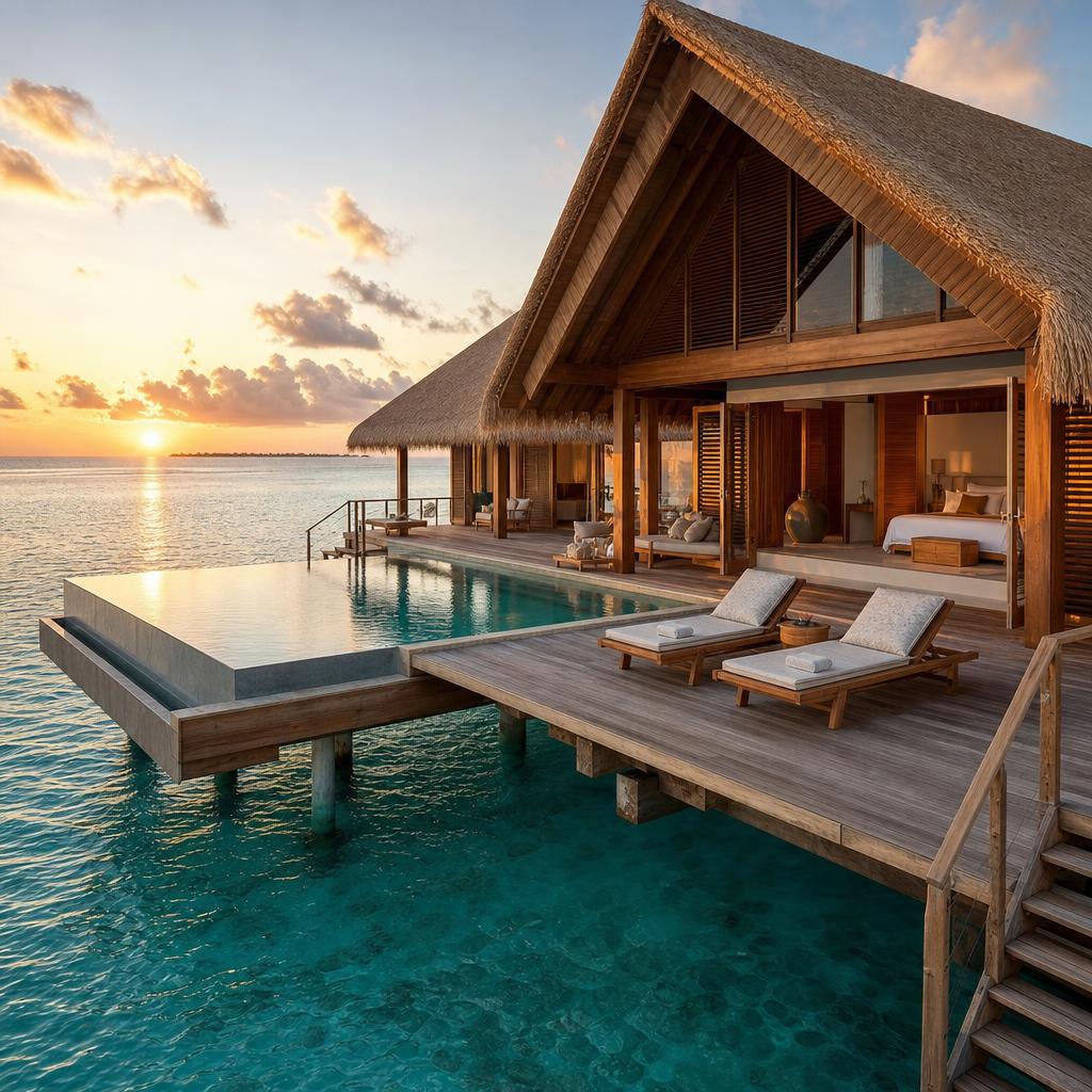 Overwater villa with a private infinity pool at sunset